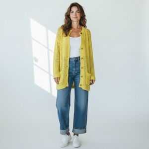 Vintage Authentic 60s 70s yellow cardigan Crochet Sweater Grandmacore Twee